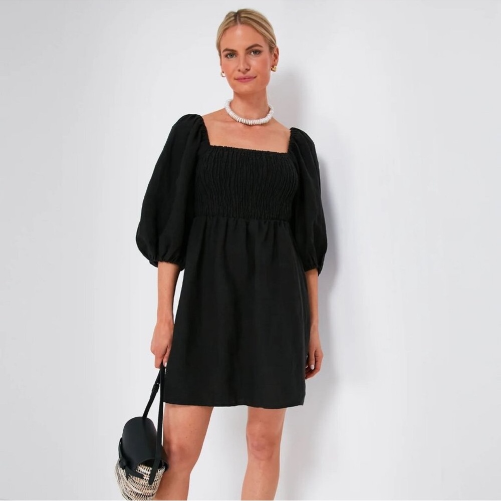Tuckernuck Annie Smocked Mini Linen Dress Ballon Sleeves Black